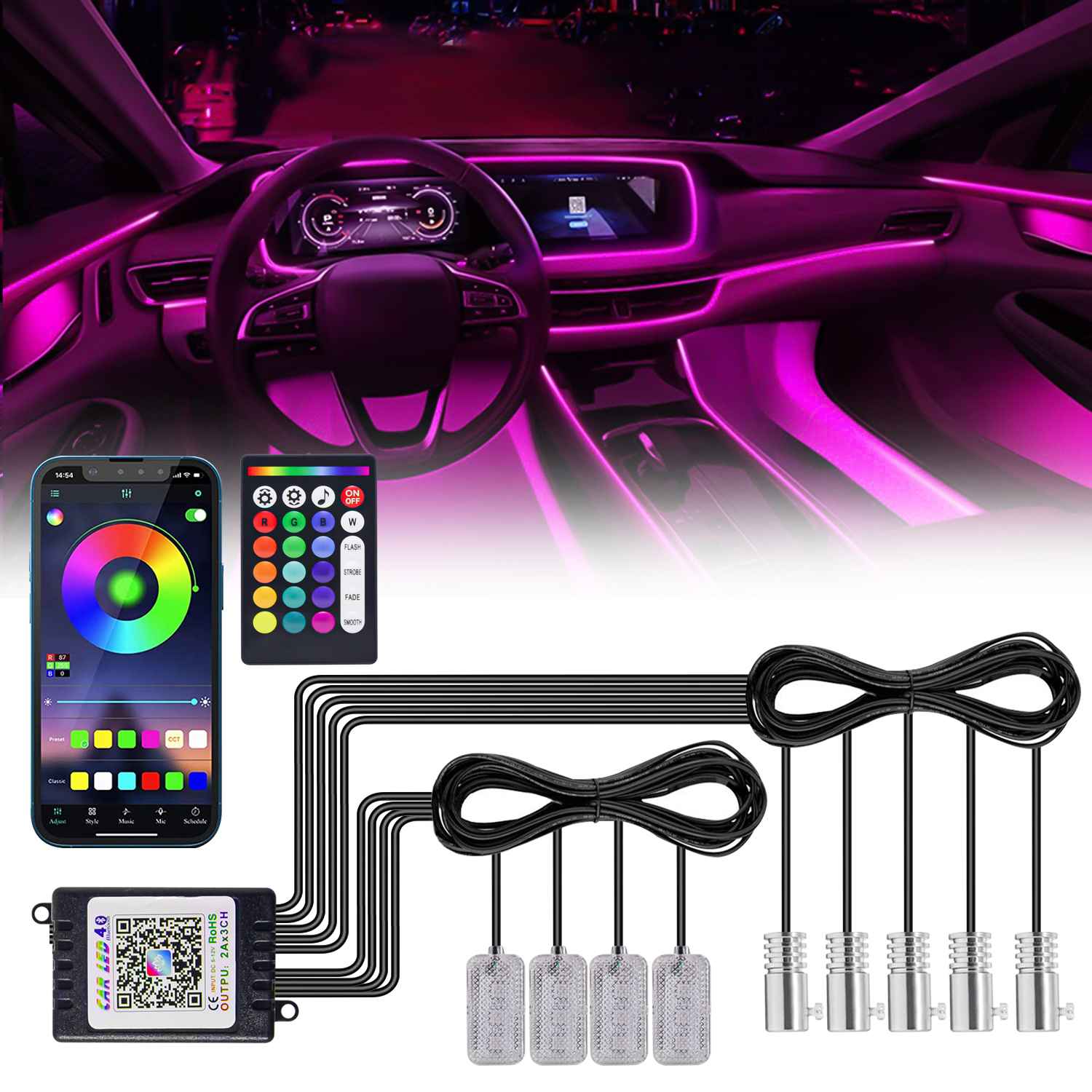 FABTEC - Multicolor Car Interior Under Dash Vibe Ambience Atmosphere and Neon EL Wire Lighting Kit