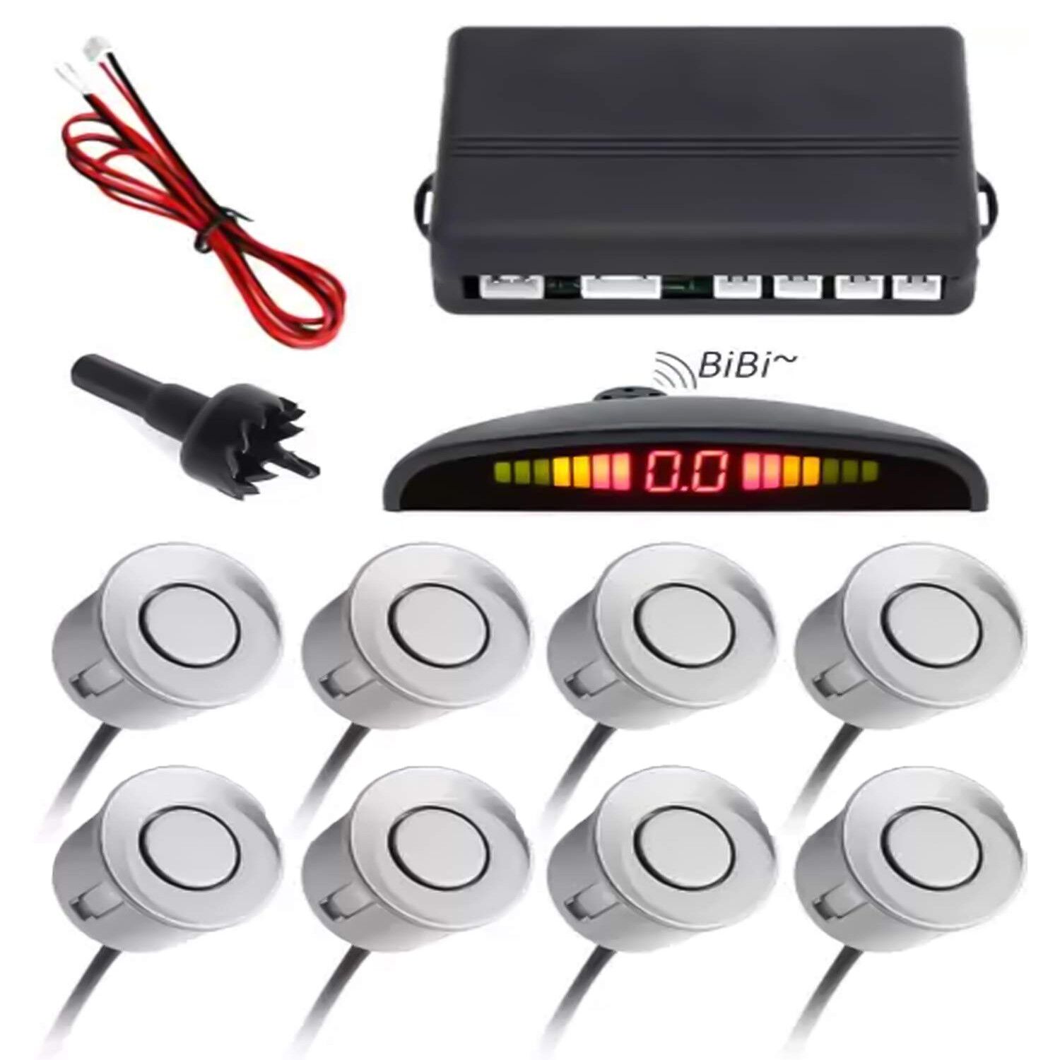 FABTEC - Car Reverse Parking Sensor with Front Sensor Kit LED Display Sound Warning Silver