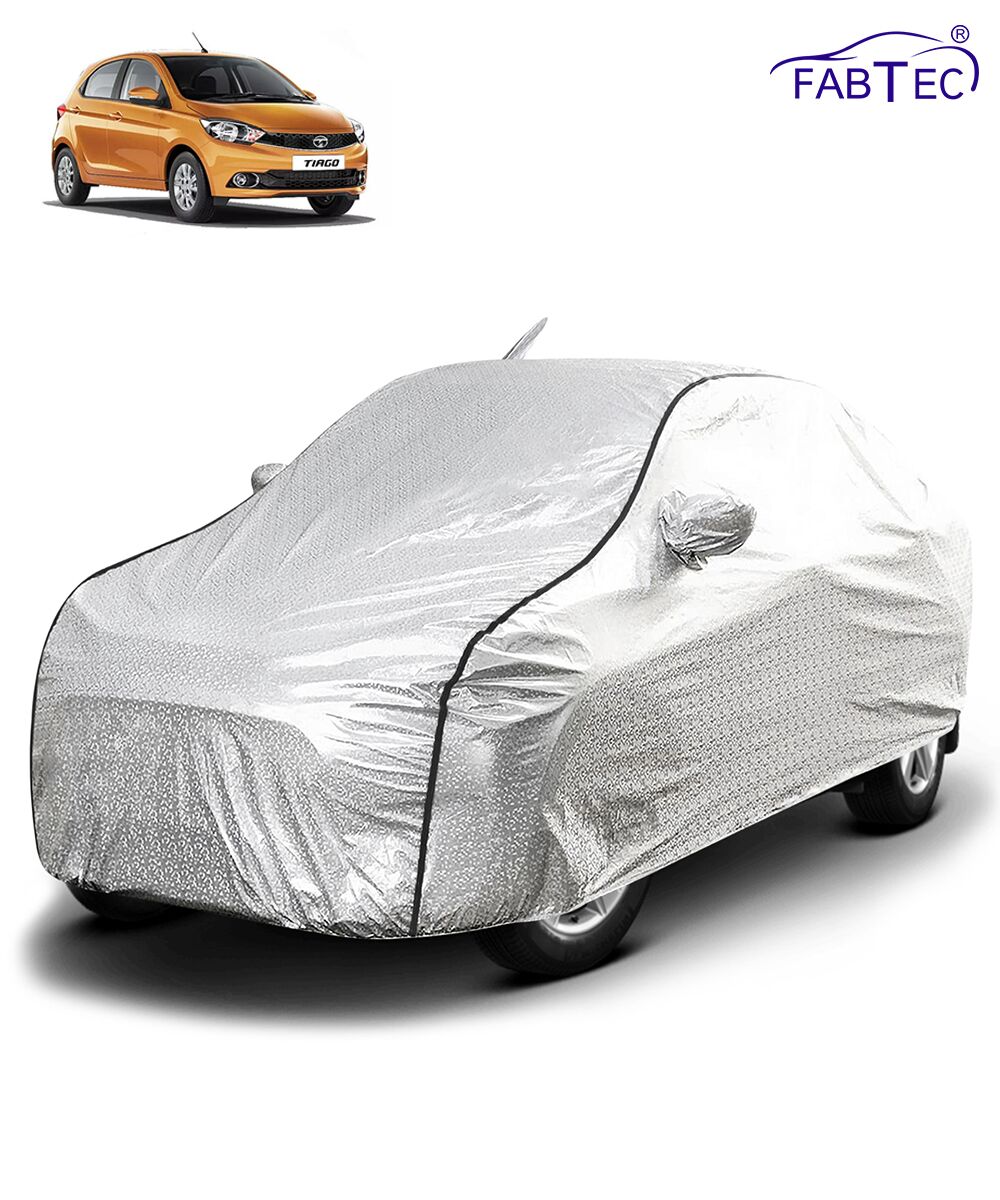 FABTEC - Metallic Silver Black Border Waterproof Car Body Cover for Tata Tiago