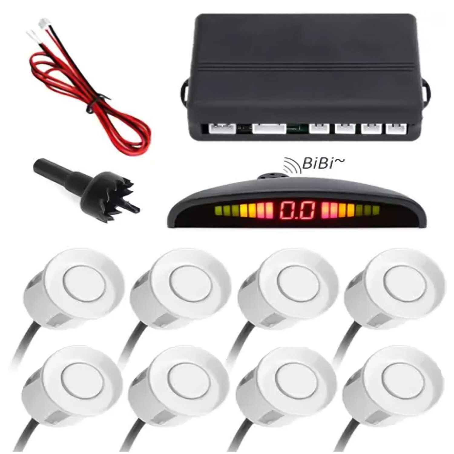 FABTEC - Car Reverse Parking Sensor with Front Sensor Kit LED Display Sound Warning White