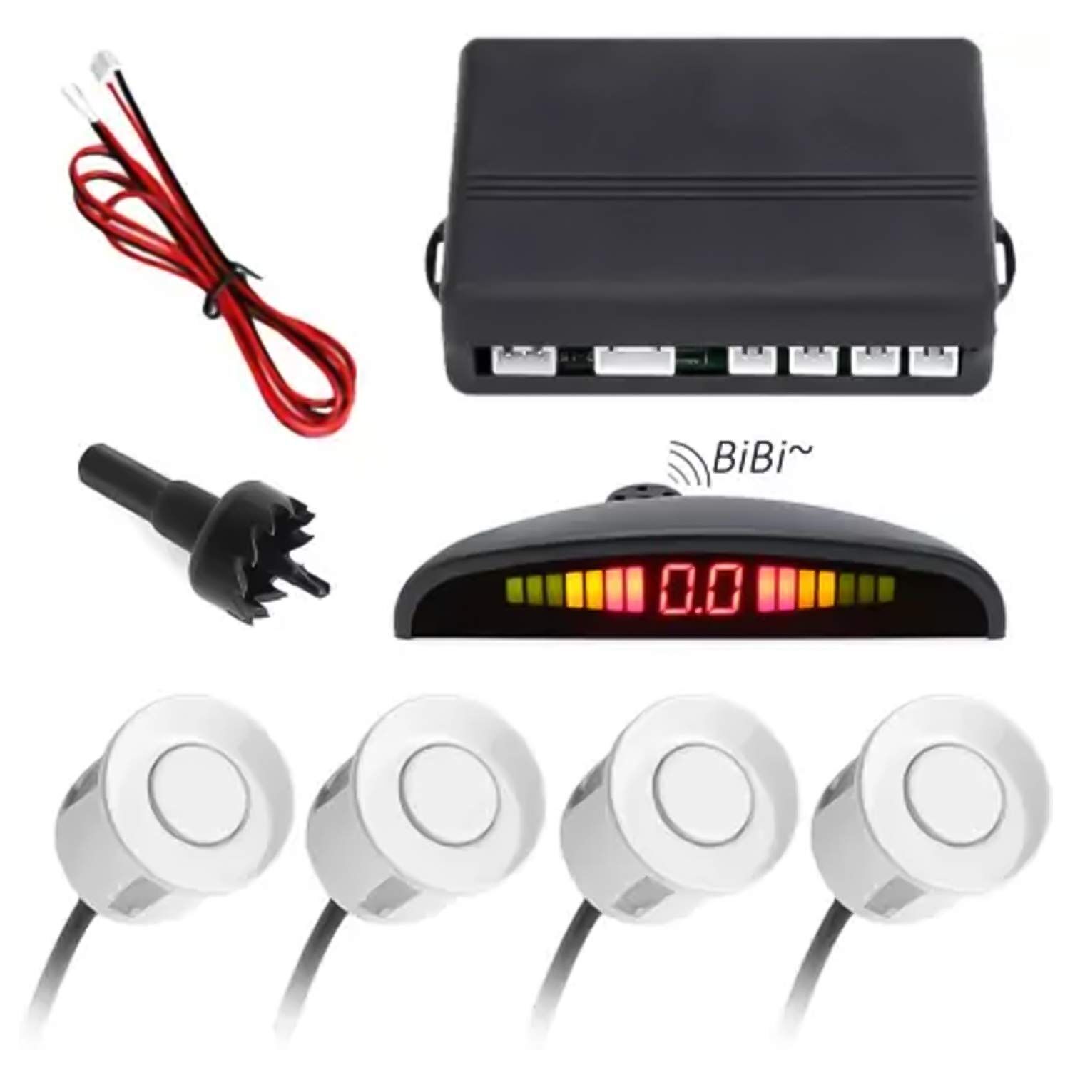 FABTEC - Car Reverse Parking Sensor with LED Display 4 Sensor Reverse Parking White