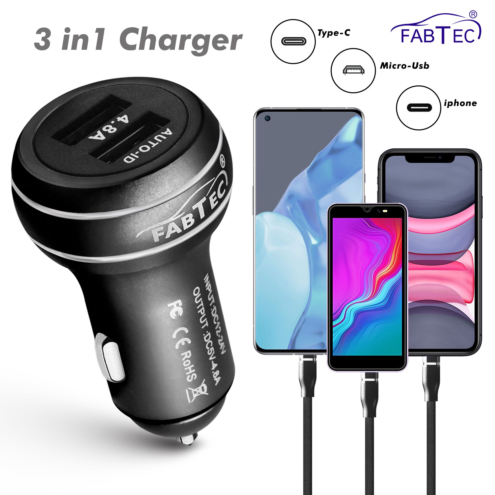 FABTEC - Fast Charging Dual Port Smart Rapid Car Mobile Charger